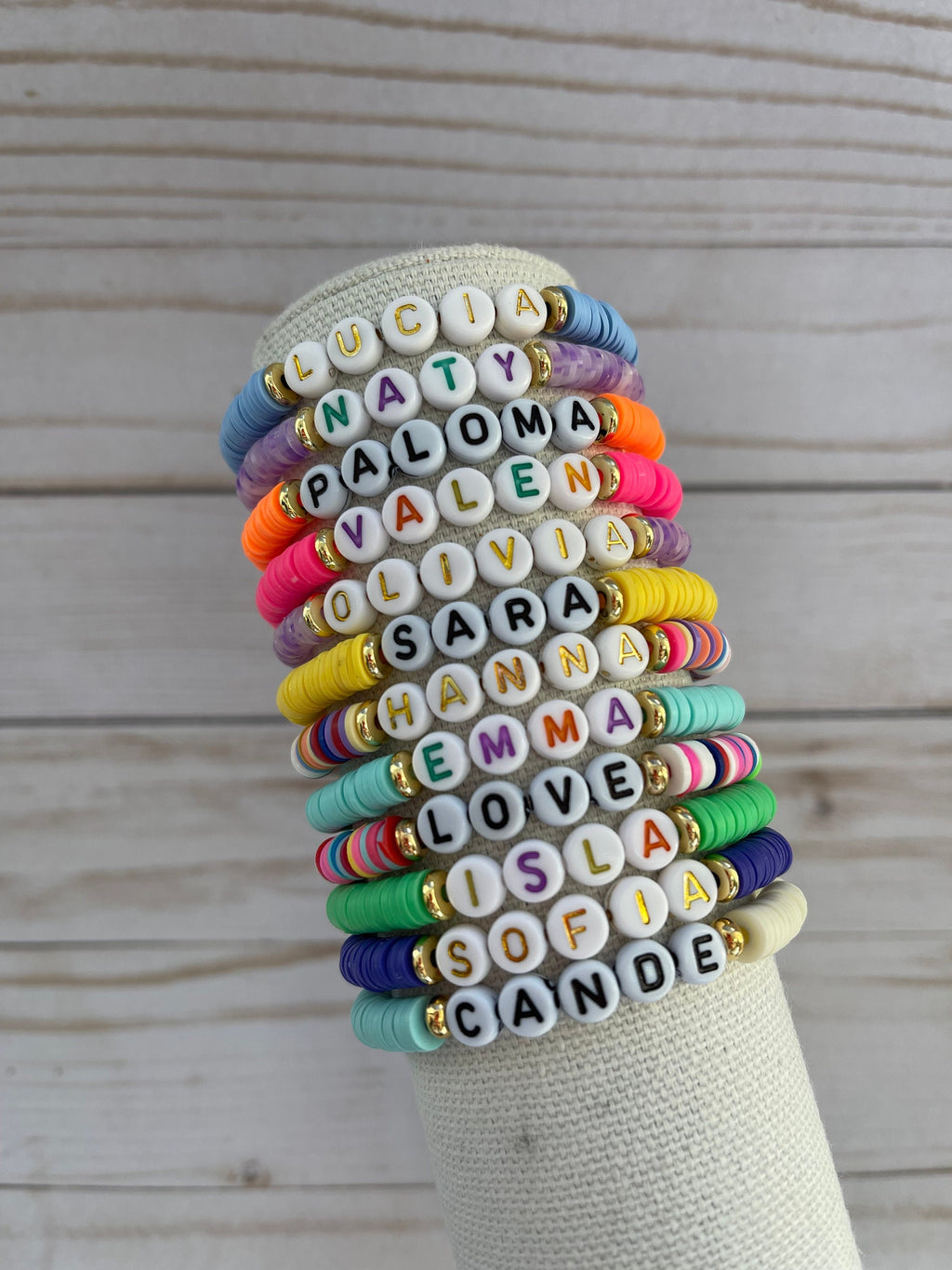 Personalized Clay Bead Bracelet: Custom Name Gold Accent Stacking Jewelry