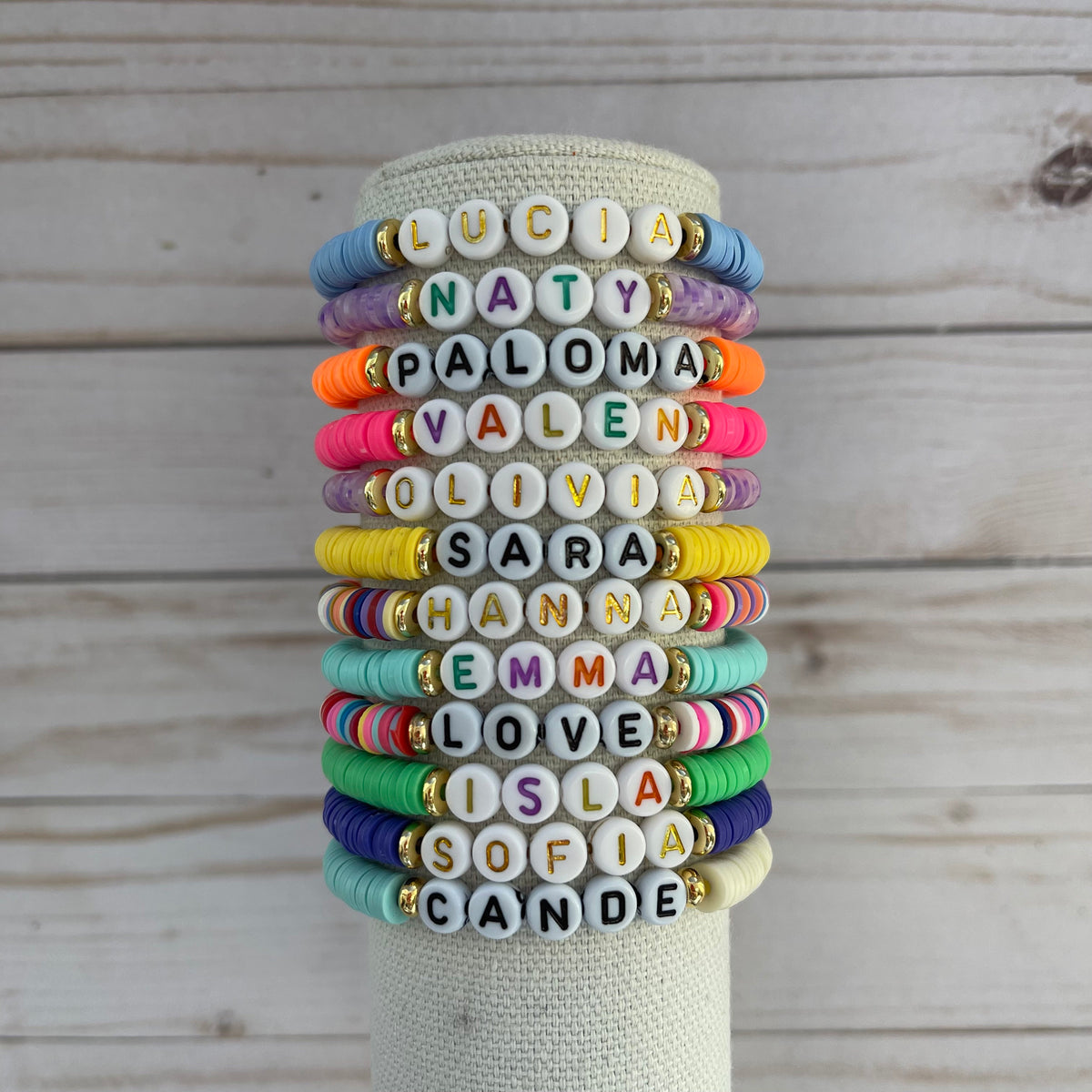 Personalized Name Bracelet: Gold Accent Clay Bead Stacking Jewelry