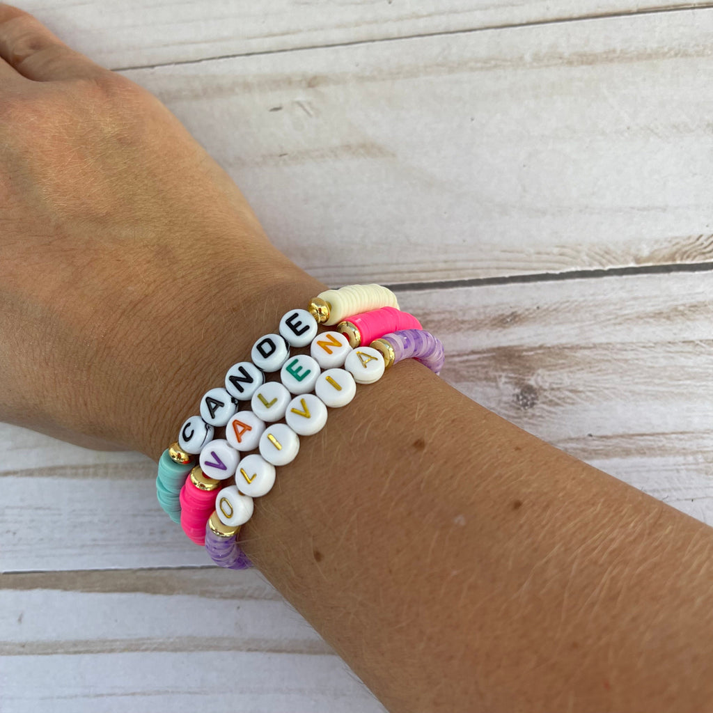 Friendship Personalized Name Beaded Bracelet Custom Clay Bead Bracelet Gold Accent Stacking Jewelry for Women and Teens Gift Idea