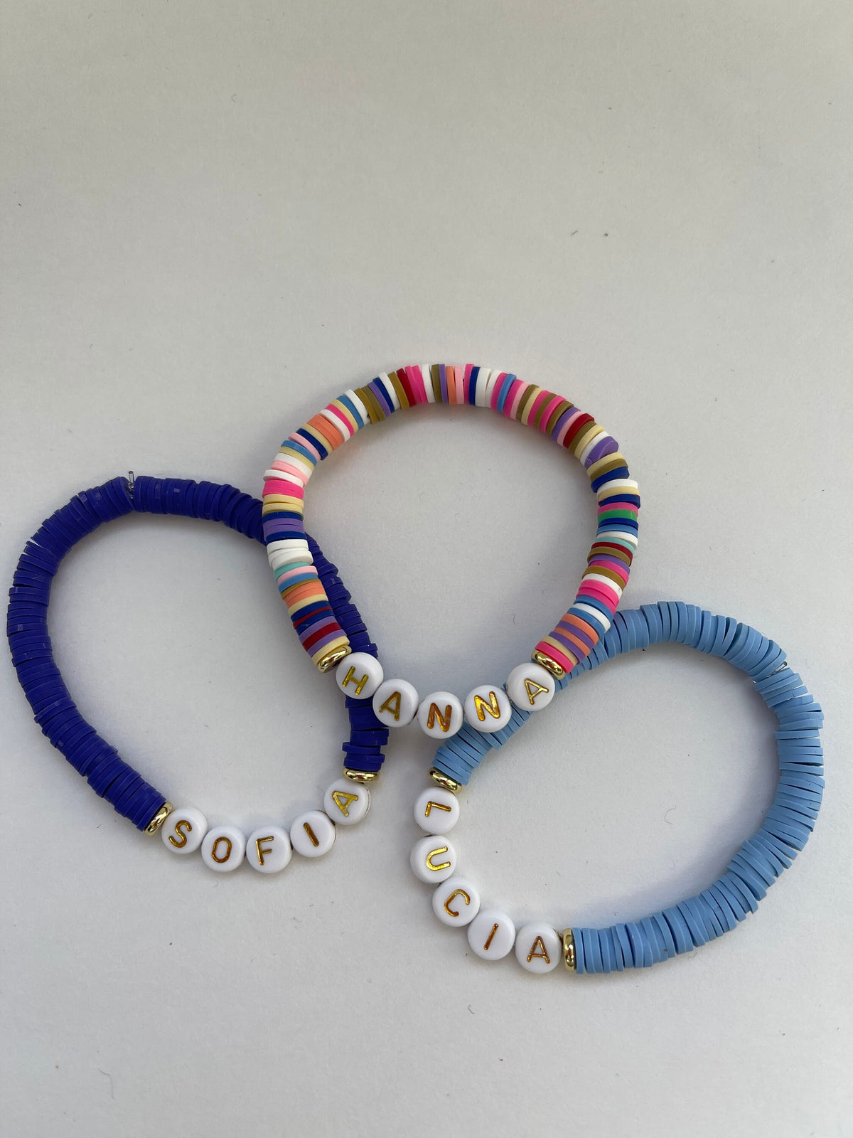 Personalized Clay Bead Bracelet: Custom Name Gold Accent Stacking Jewelry