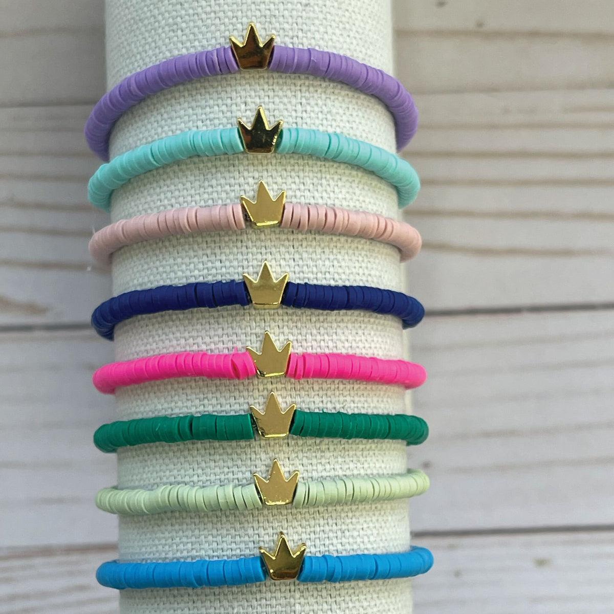 Personalized Heishi Beaded Bracelet: Golden Princess Crown Stackable Jewelry