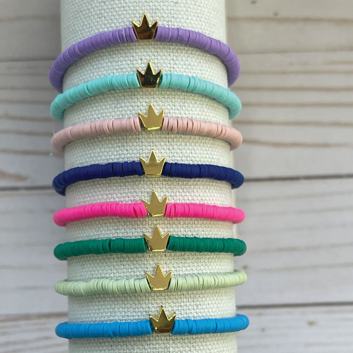 Custom Heishi Bead Bracelet: Golden Princess Crown, Personalized Name