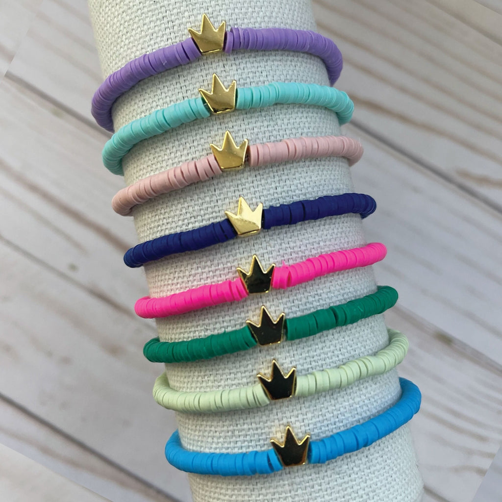 Personalized Heishi Beaded Bracelet: Golden Princess Crown Stackable Jewelry
