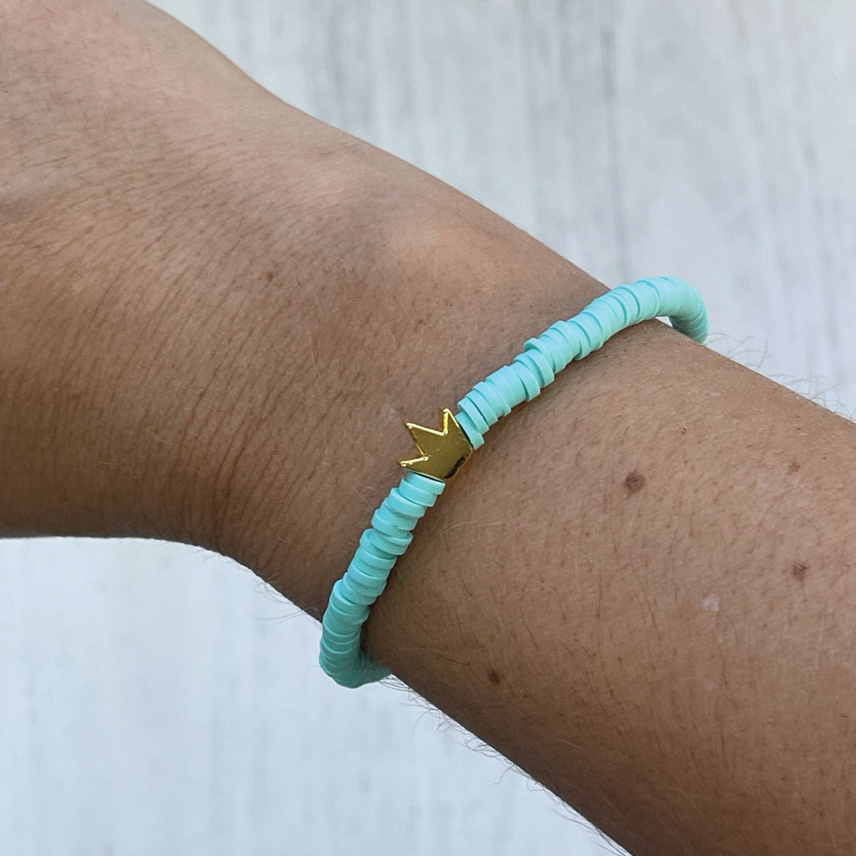 Custom Heishi Bead Bracelet: Golden Princess Crown, Personalized Name