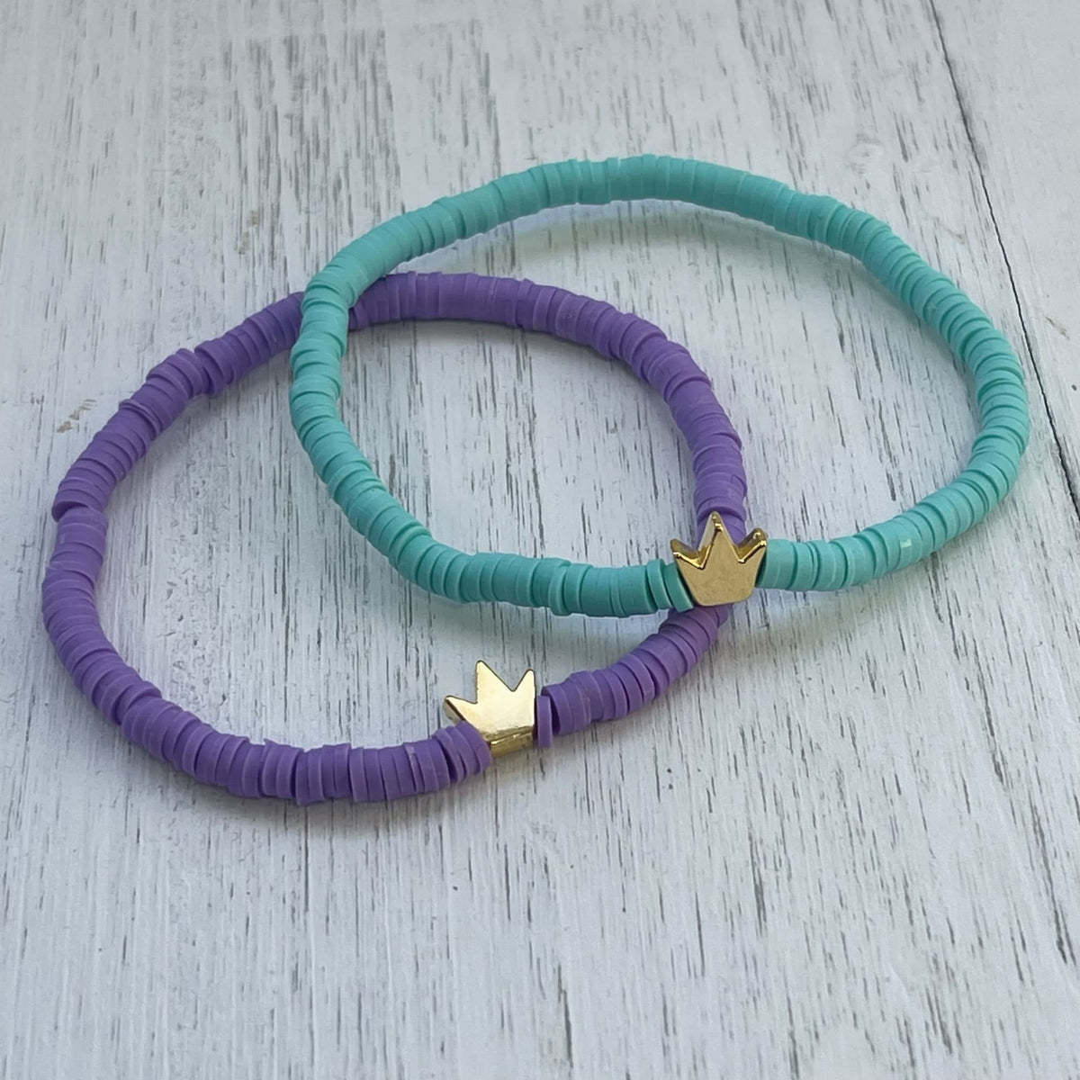 Custom Heishi Bead Bracelet: Golden Princess Crown, Personalized Name