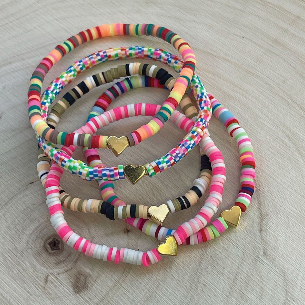 Personalized Heishi Bead Bracelet: Gold Heart, Custom Name