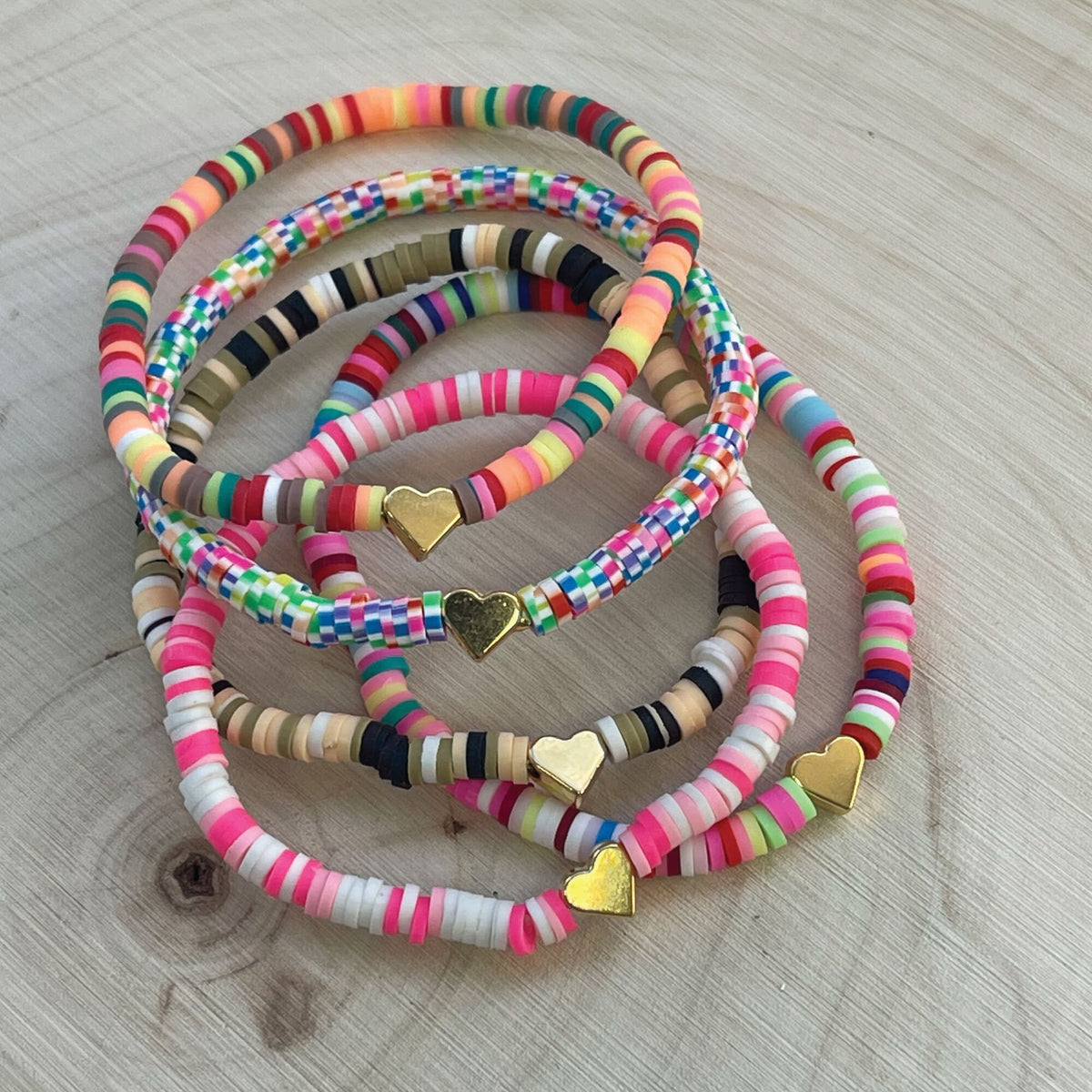 Personalized Heishi Bead Bracelet: Gold Heart, Custom Name