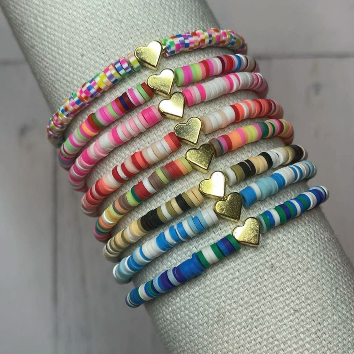Personalized Heishi Bead Bracelet: Gold Heart, Custom Name