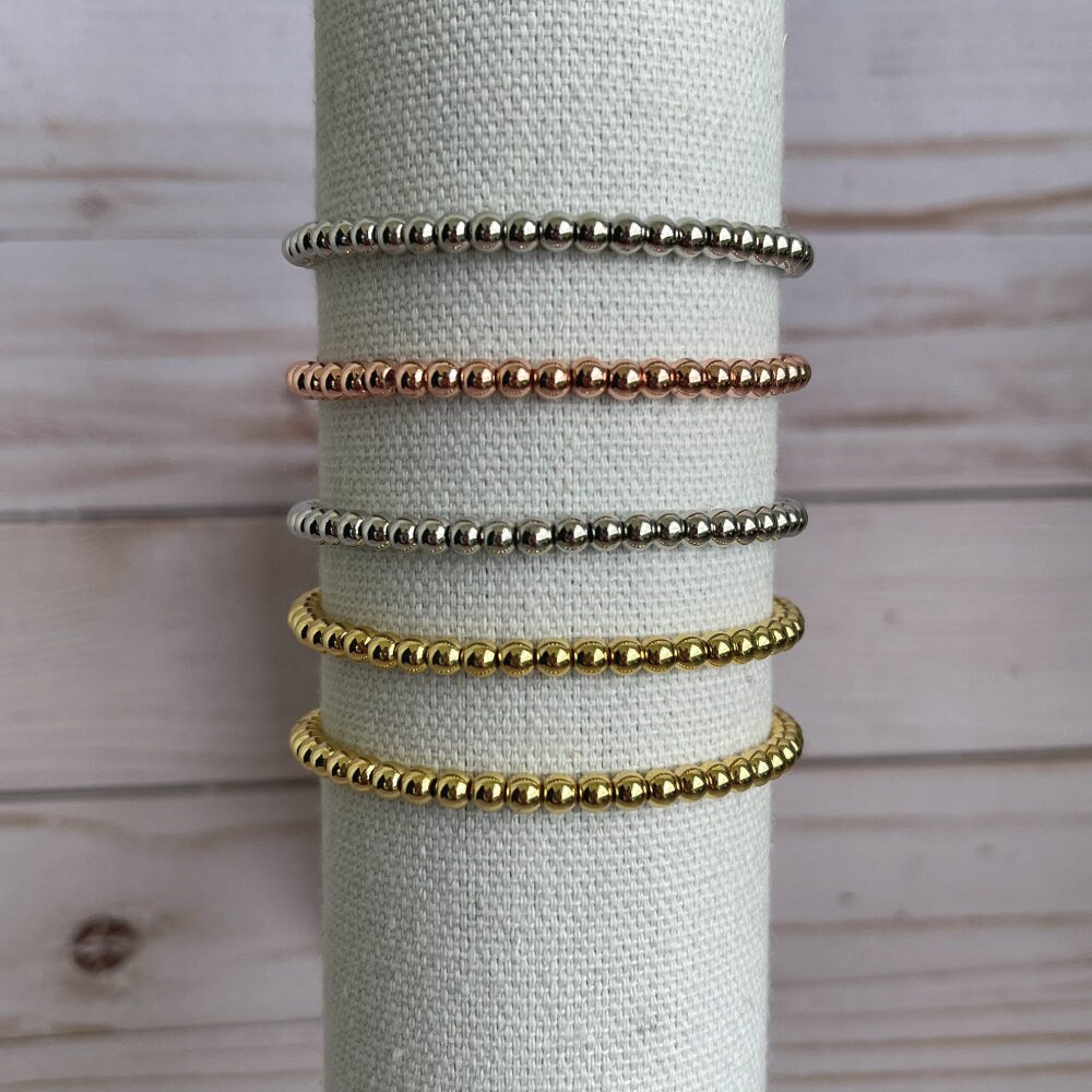 Stackable Beaded Stretch Bracelet: Gold, Silver, Rose Gold