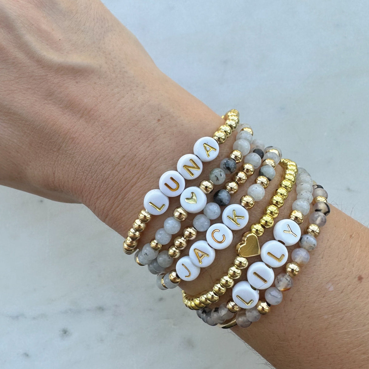 Personalized Gray Agate Name Bracelet: Custom Stacking Jewelry