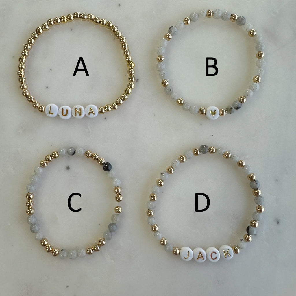 Personalized Gray Agate Beaded Bracelet: Custom Name, Friendship Gift