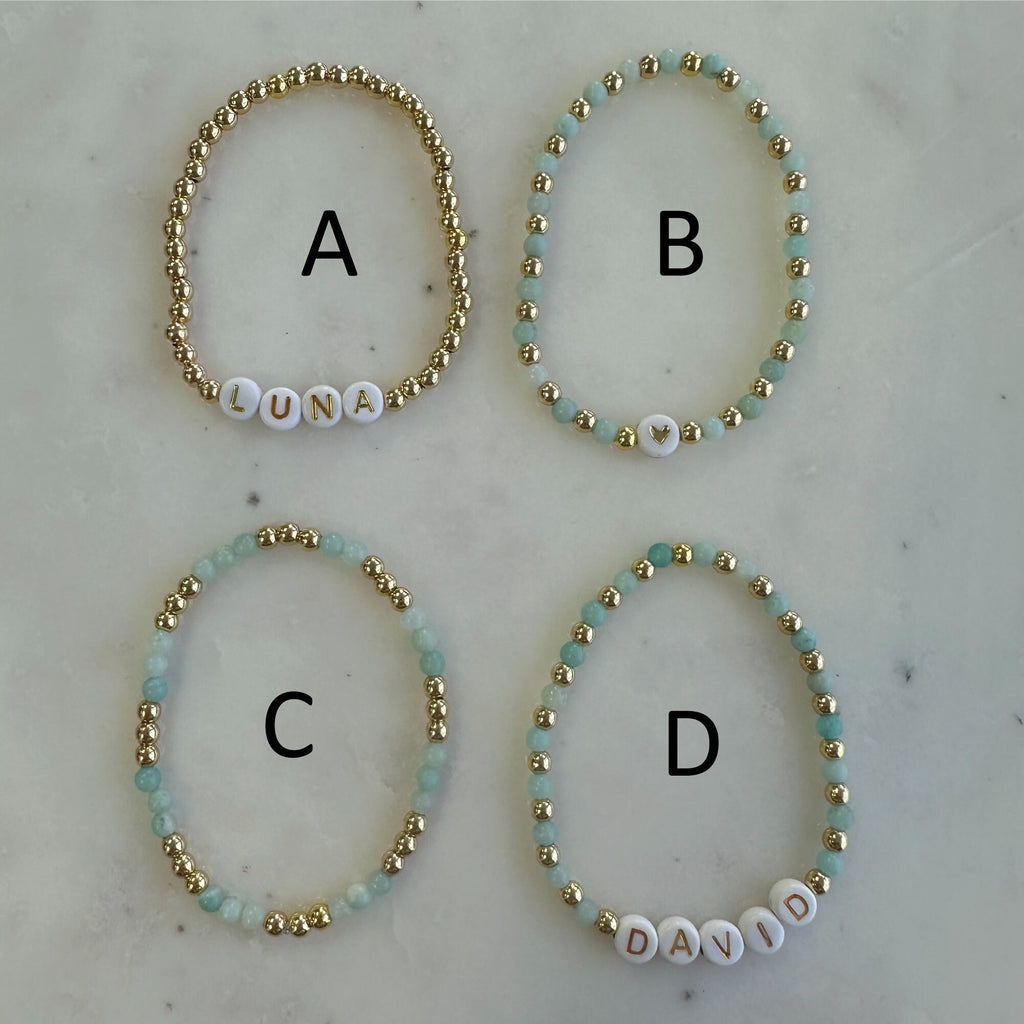 Personalized Name Bracelet: Aquamarine Beaded Stretch Bracelet