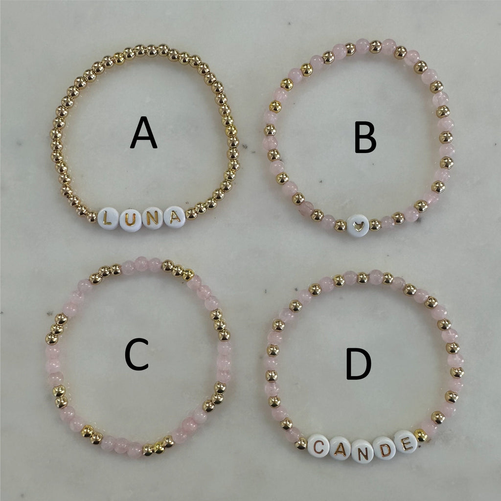 Personalized Rose Quartz Beaded Bracelet: Custom Name Stacking Bracelet