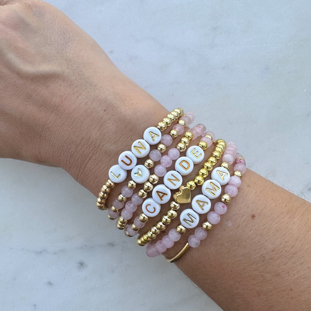 Personalized Rose Quartz Beaded Bracelet: Custom Name Stacking Bracelet