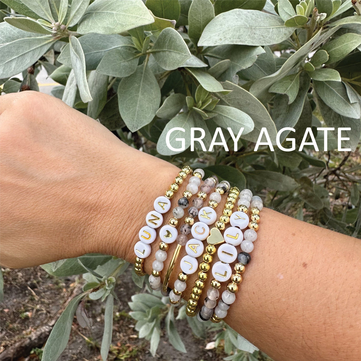 Personalized Gray Agate Beaded Bracelet: Custom Name, Friendship Gift