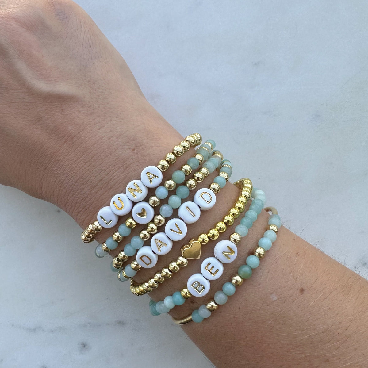 Personalized Name Bracelet: Aquamarine Beaded Stretch Bracelet