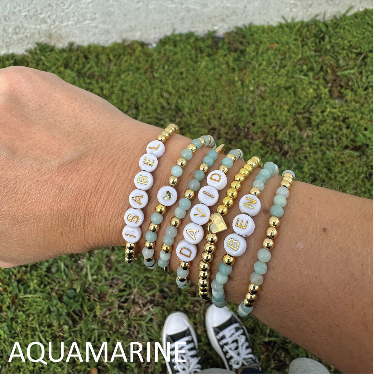 Personalized Name Bracelet: Aquamarine Beaded Stretch Bracelet