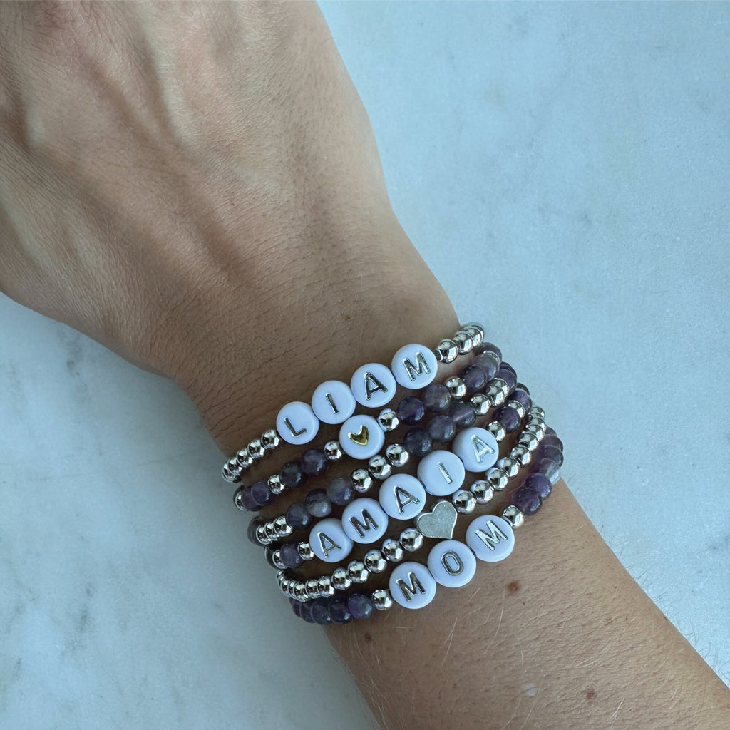 Amethyst Beaded Name Bracelet: Personalized Stacking Bracelet