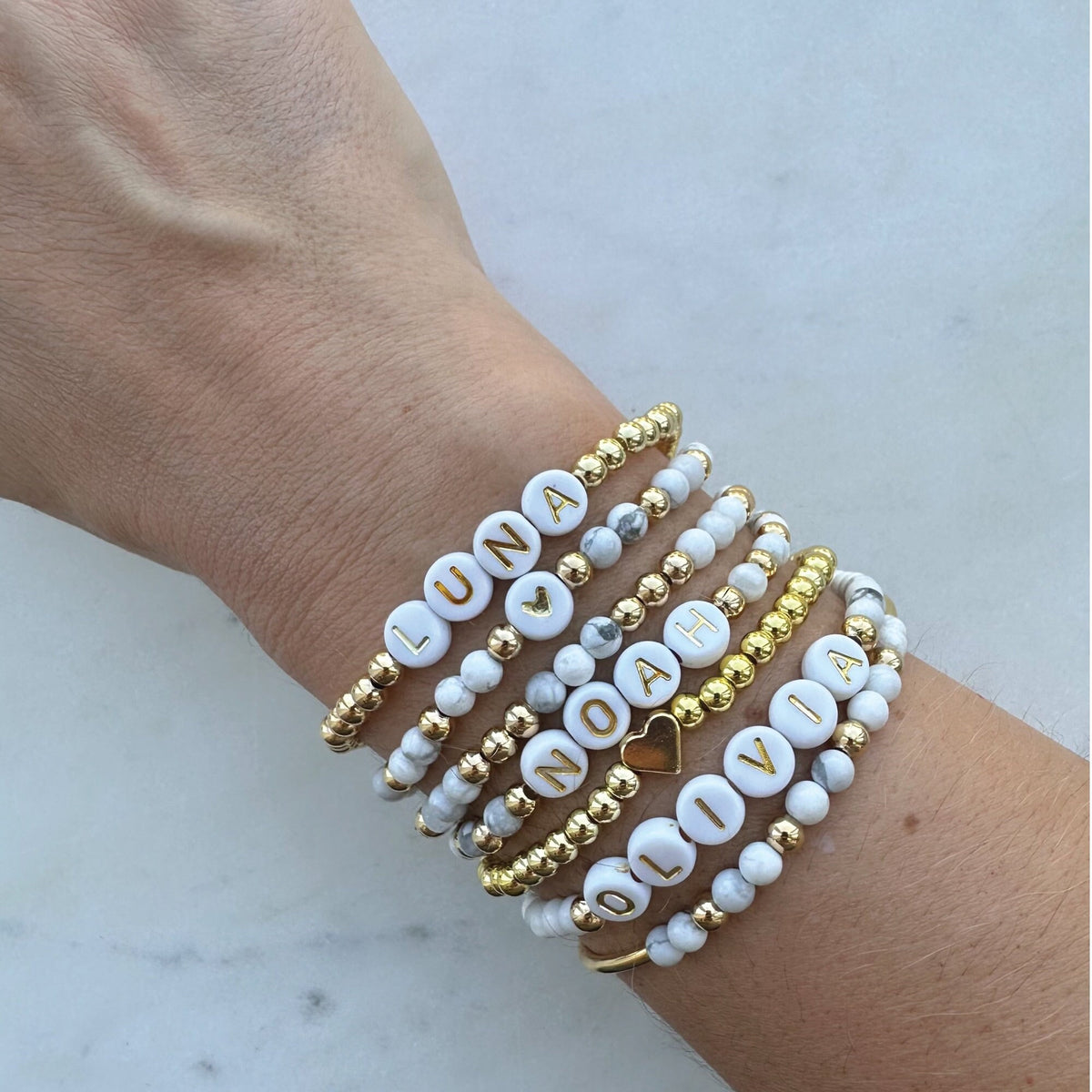 Howlite Beaded Name Bracelet: Personalized Stacking Bracelet