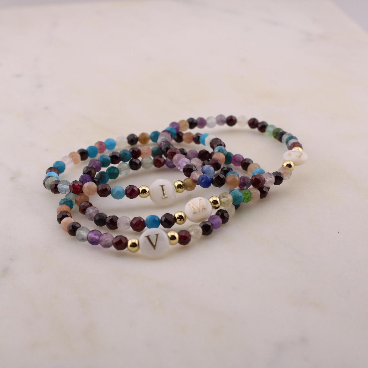 Personalized Gemstone Initial Bracelet: Dainty Shell Charm, Custom Jewelry