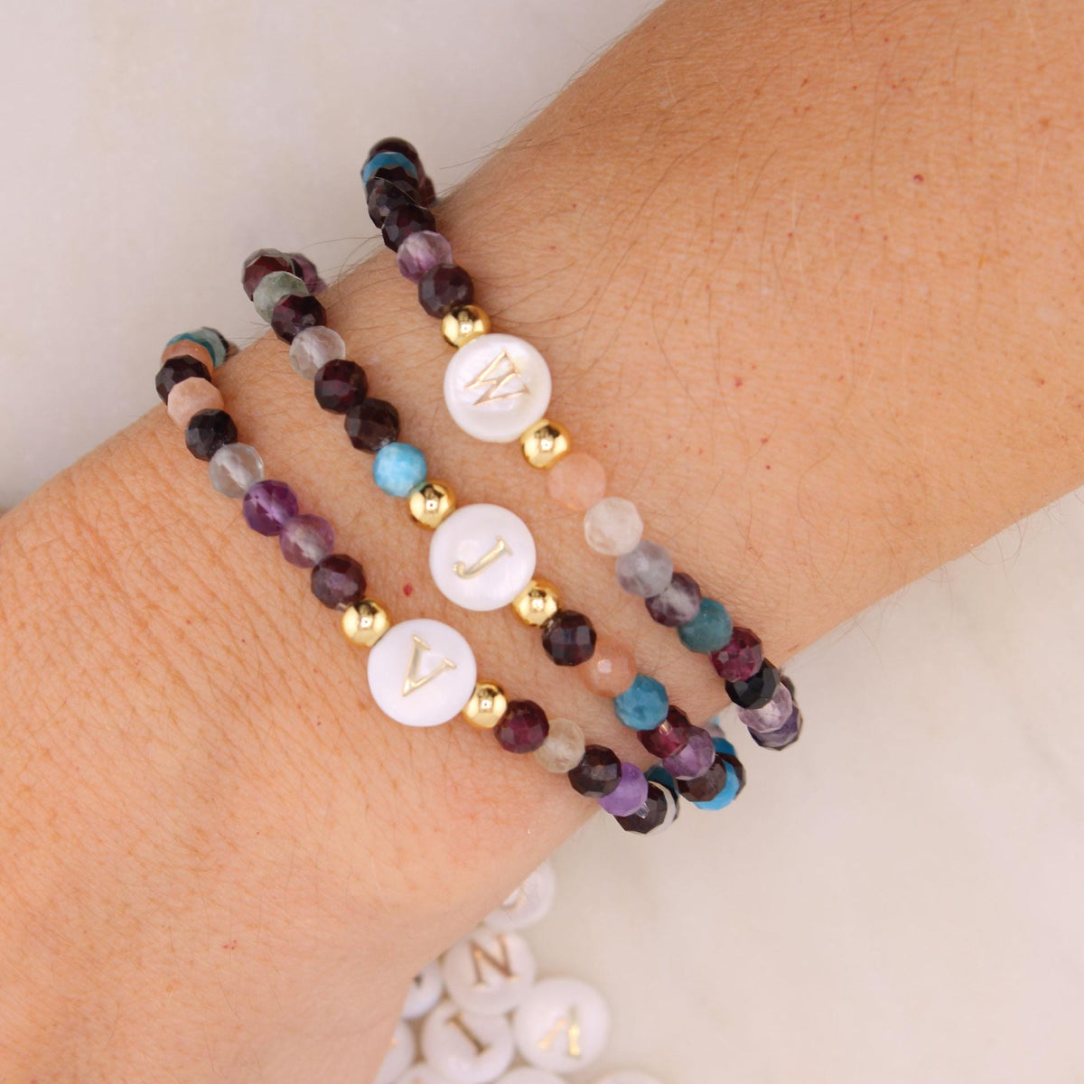 Personalized Gemstone Initial Bracelet: Dainty Shell Charm, Custom Jewelry