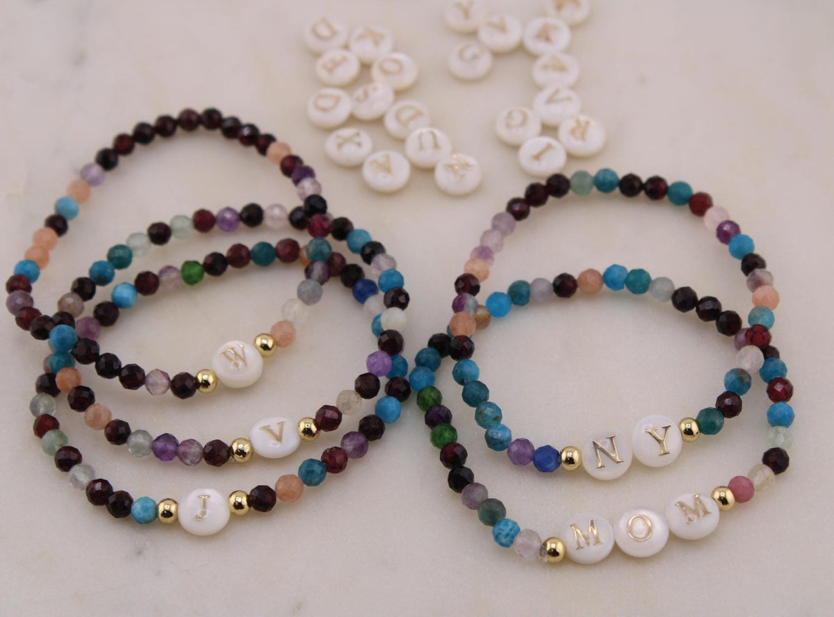 Personalized Gemstone Initial Bracelet: Dainty Shell Charm, Custom Jewelry