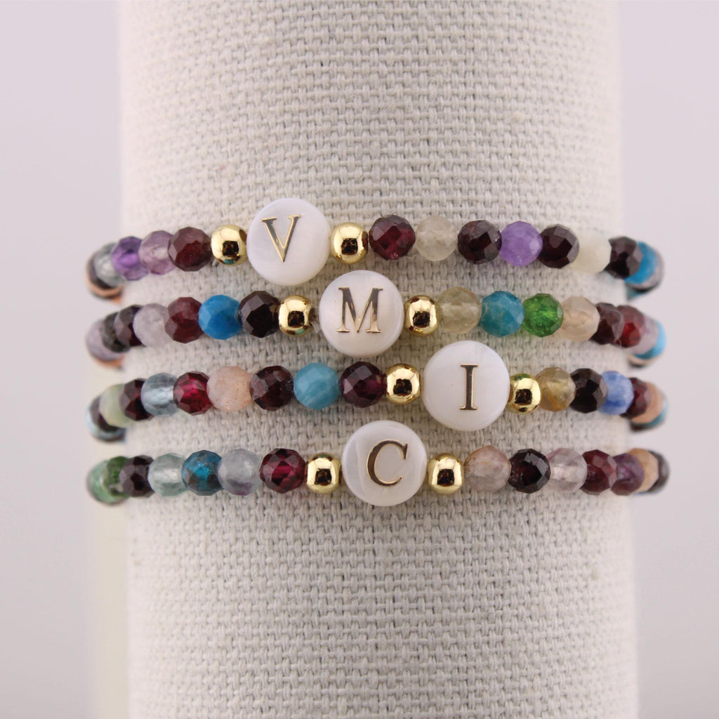 Personalized Gemstone Initial Bracelet: Dainty Shell Charm, Custom Jewelry
