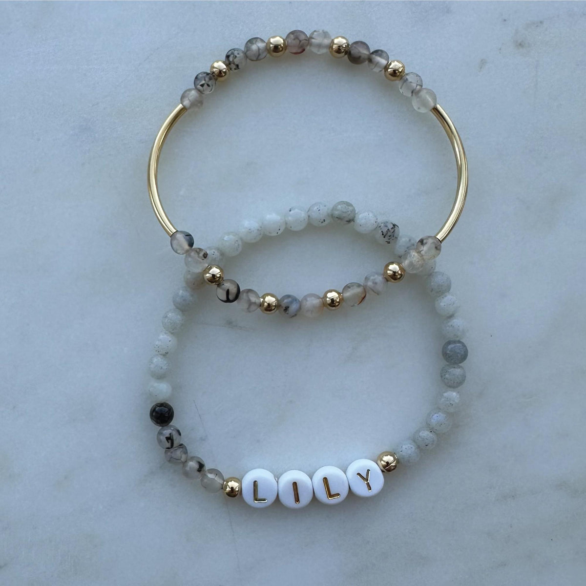 Personalized Gray Agate Name Bracelet: Custom Stacking Jewelry