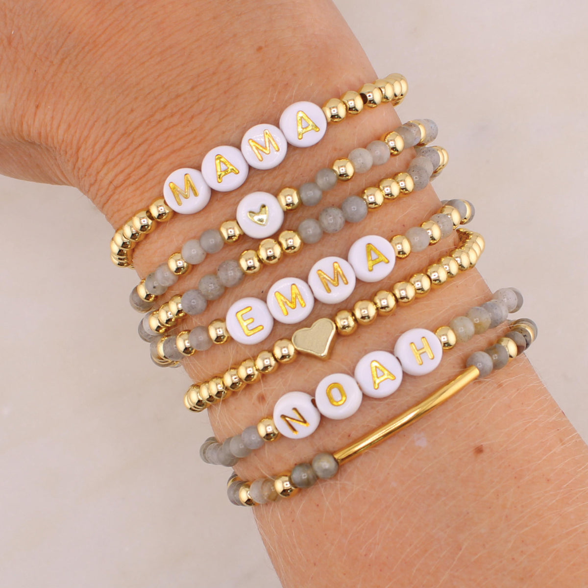 Personalized Gray Agate Name Bracelet: Custom Stacking Jewelry