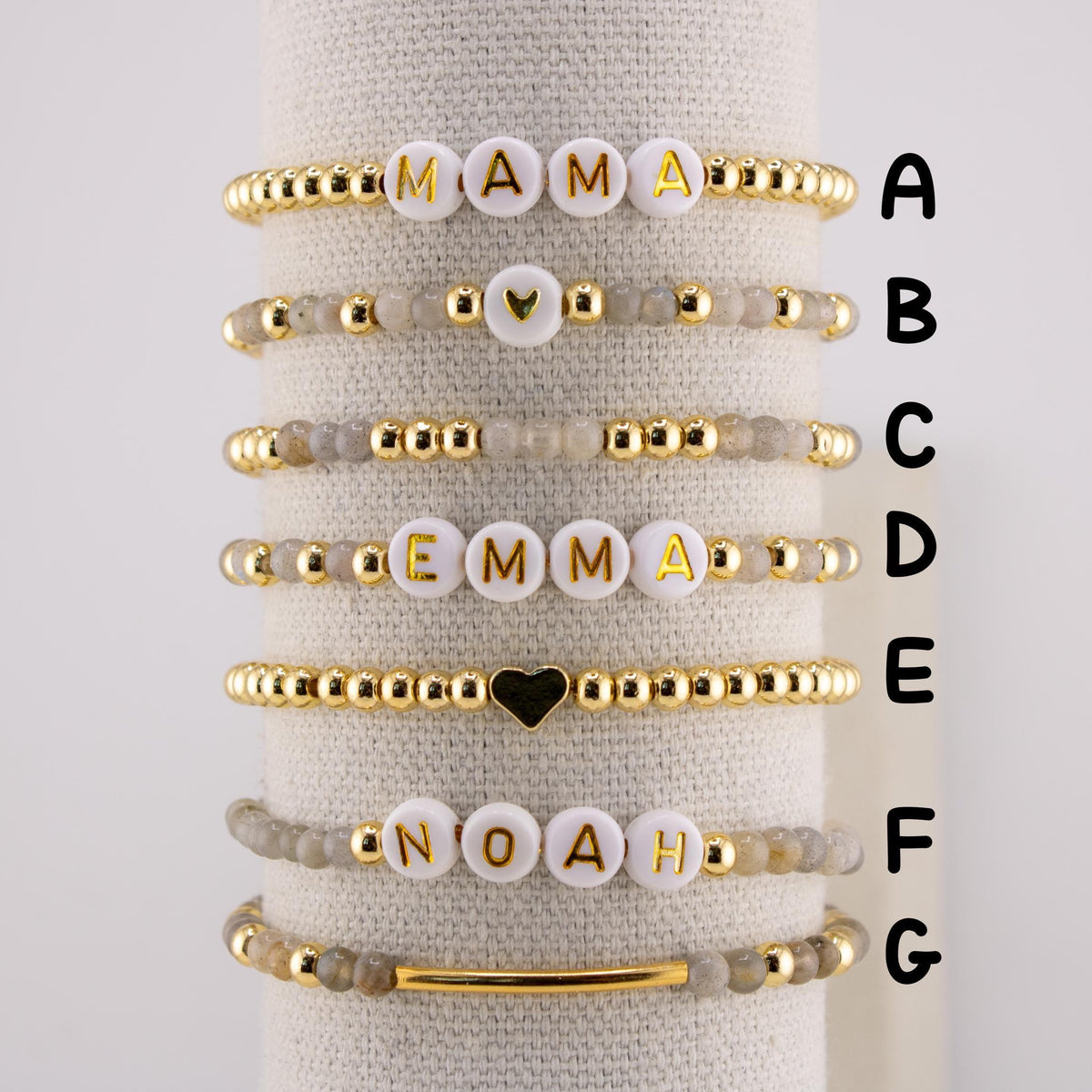 Personalized Word Bracelet Stacking Mama Bracelet Kids Name Custom Name Beaded Bracelet Strech Personalized Gift Idea Custom Jewelry Gold