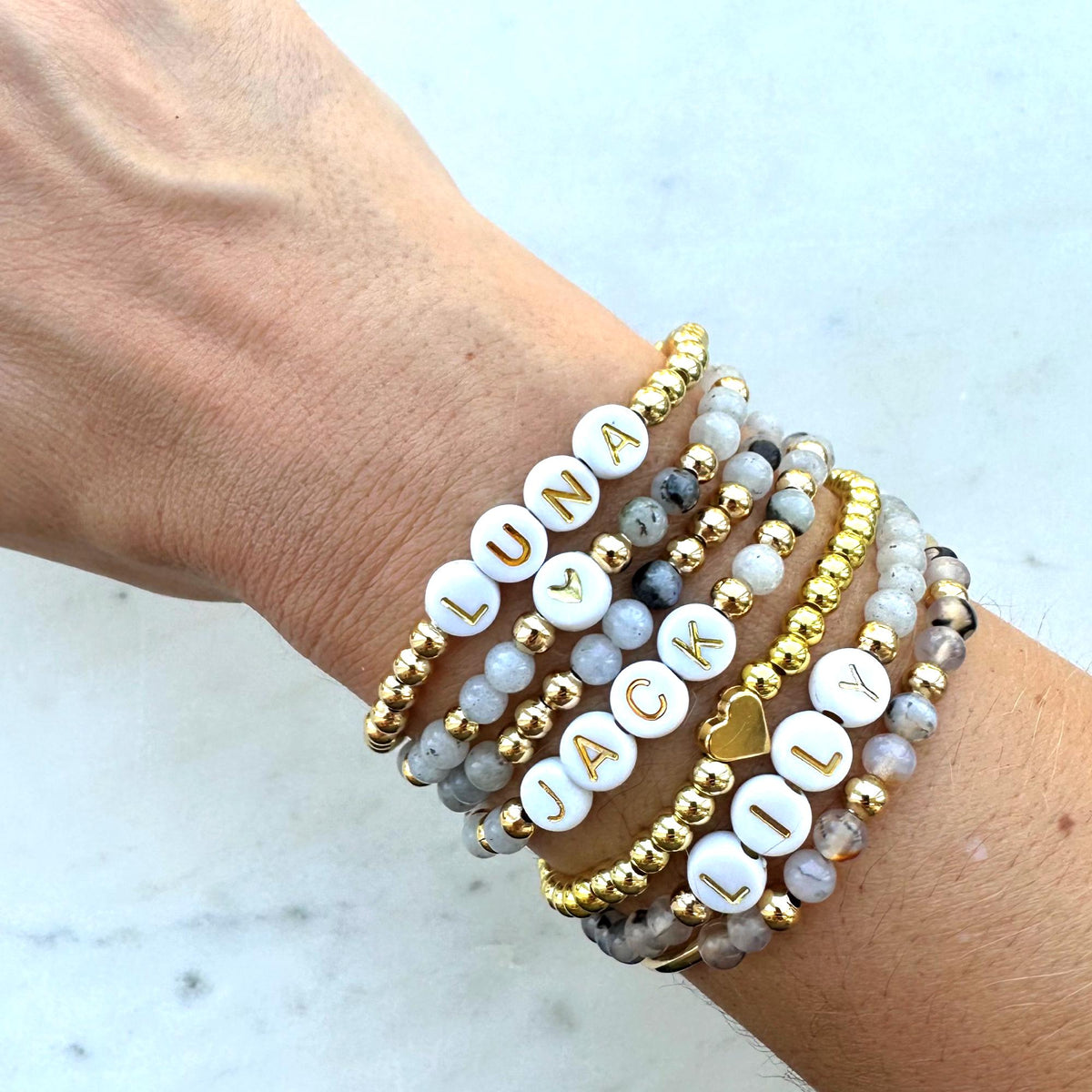 Personalized Word Bracelet Stacking Mama Bracelet Kids Name Custom Name Beaded Bracelet Strech Personalized Gift Idea Custom Jewelry Gold