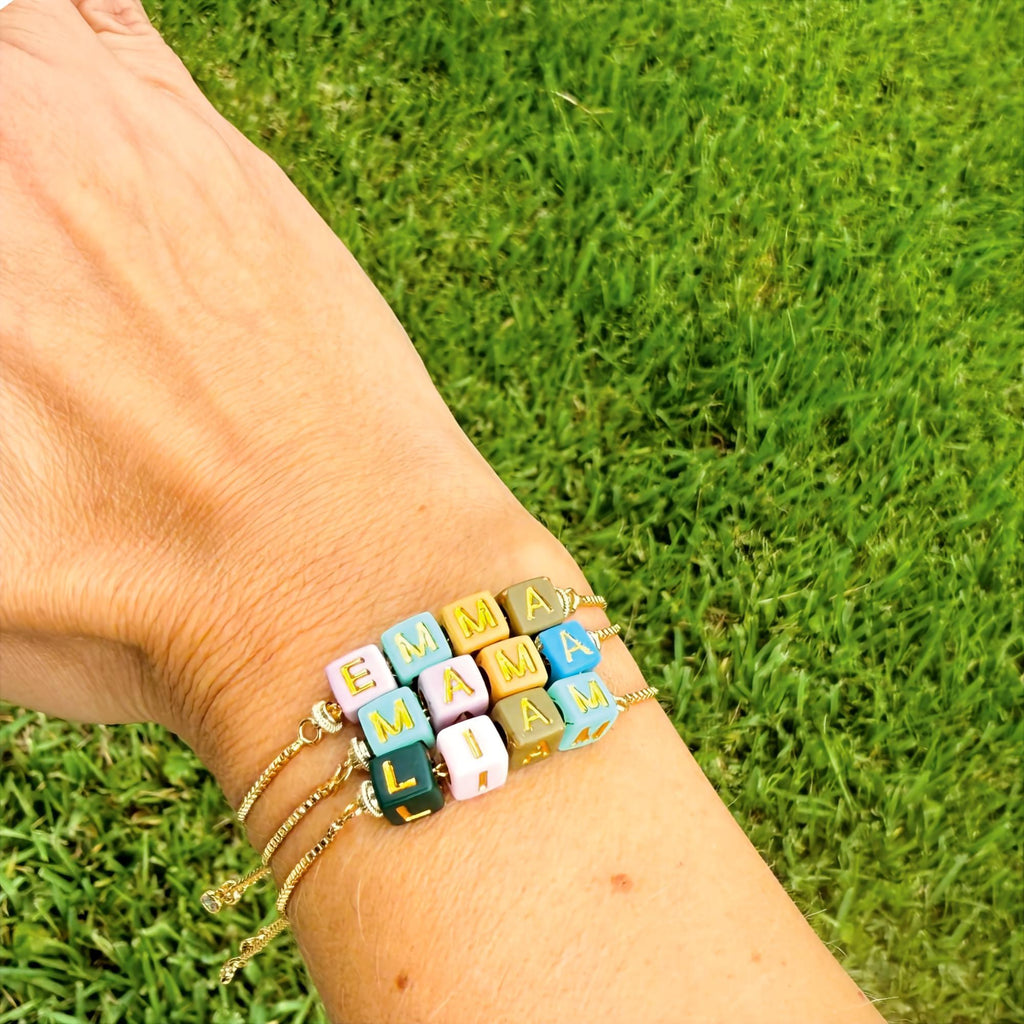Personalized Name Bracelet: Gold Cube Beads, Adjustable Chain