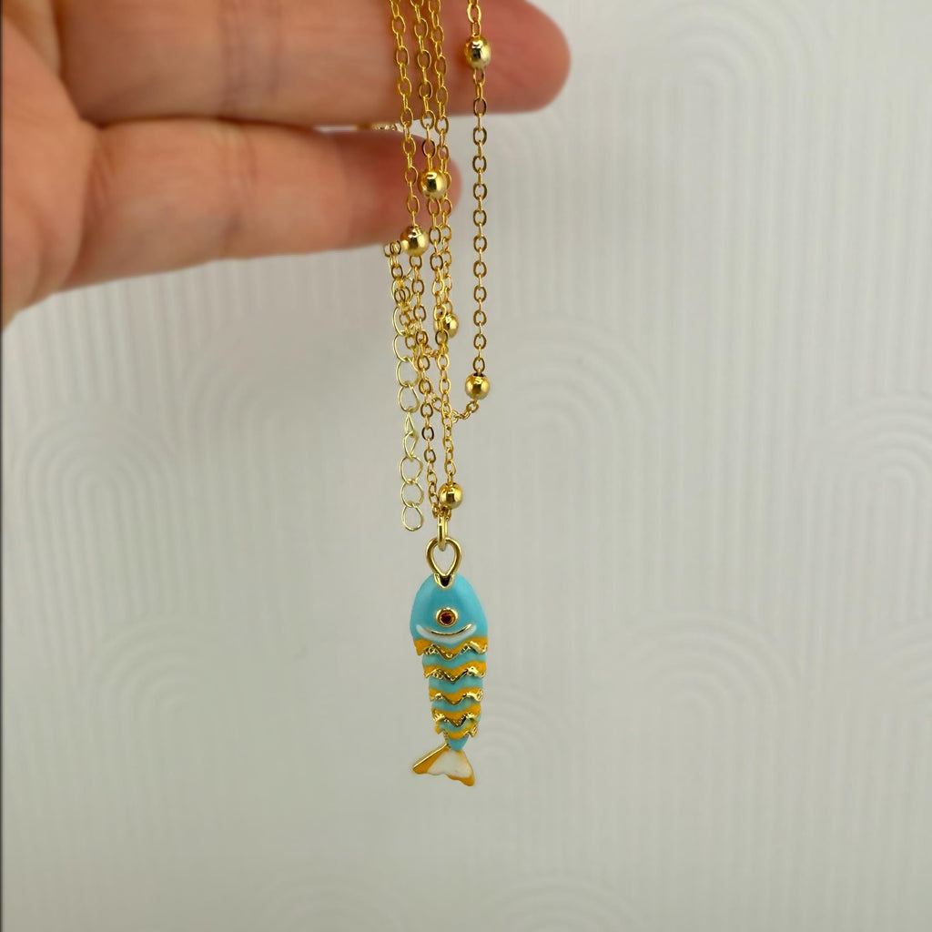 14k Gold Plated Turquoise Enamel Articulated Fish Necklace Satellite Dainty Chain Ocean Beach Boho Jewelry Unique Sea Life Gift