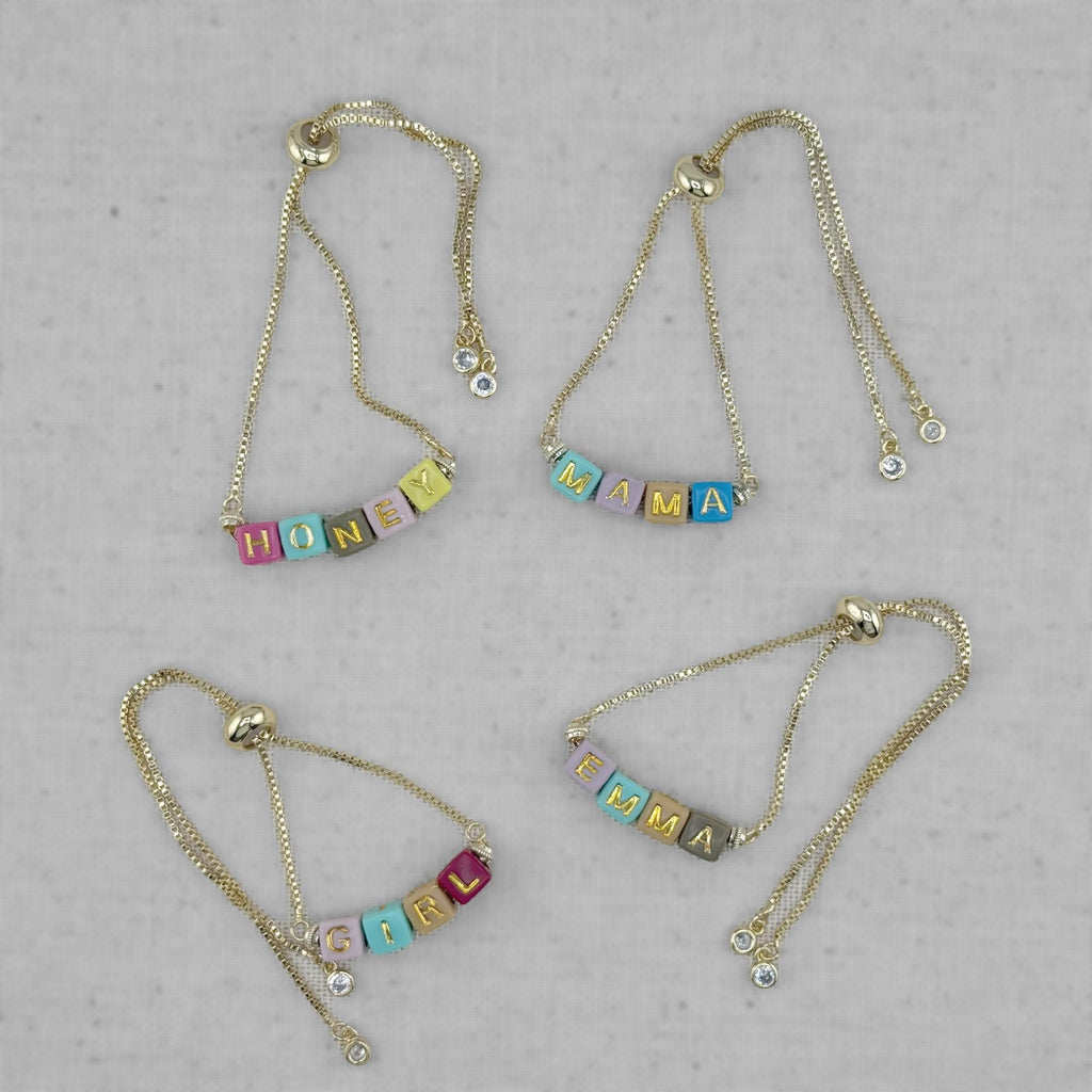 Personalized Name Bracelet: Gold Cube Beads, Adjustable Chain