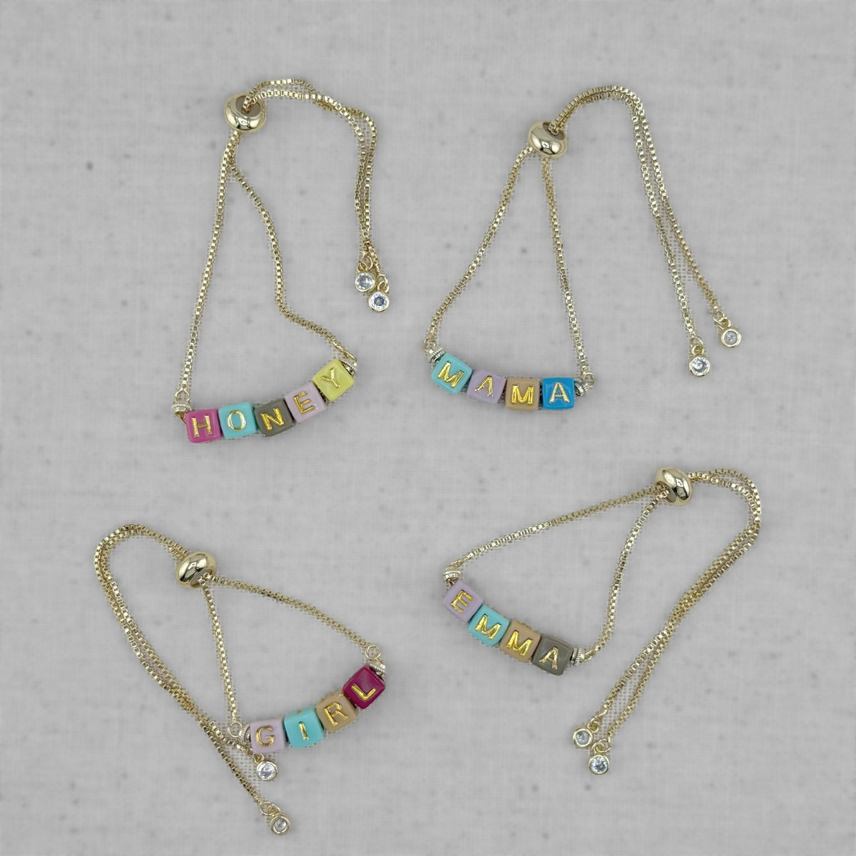 Personalized Name Bracelet: Gold Cube Beads, Adjustable Chain