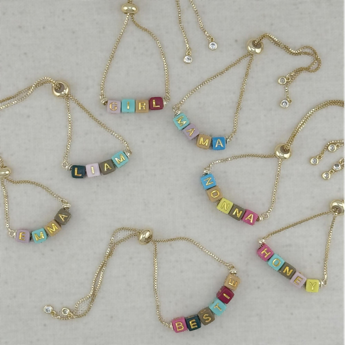 Personalized Name Bracelet: Gold Cube Beads, Adjustable Chain