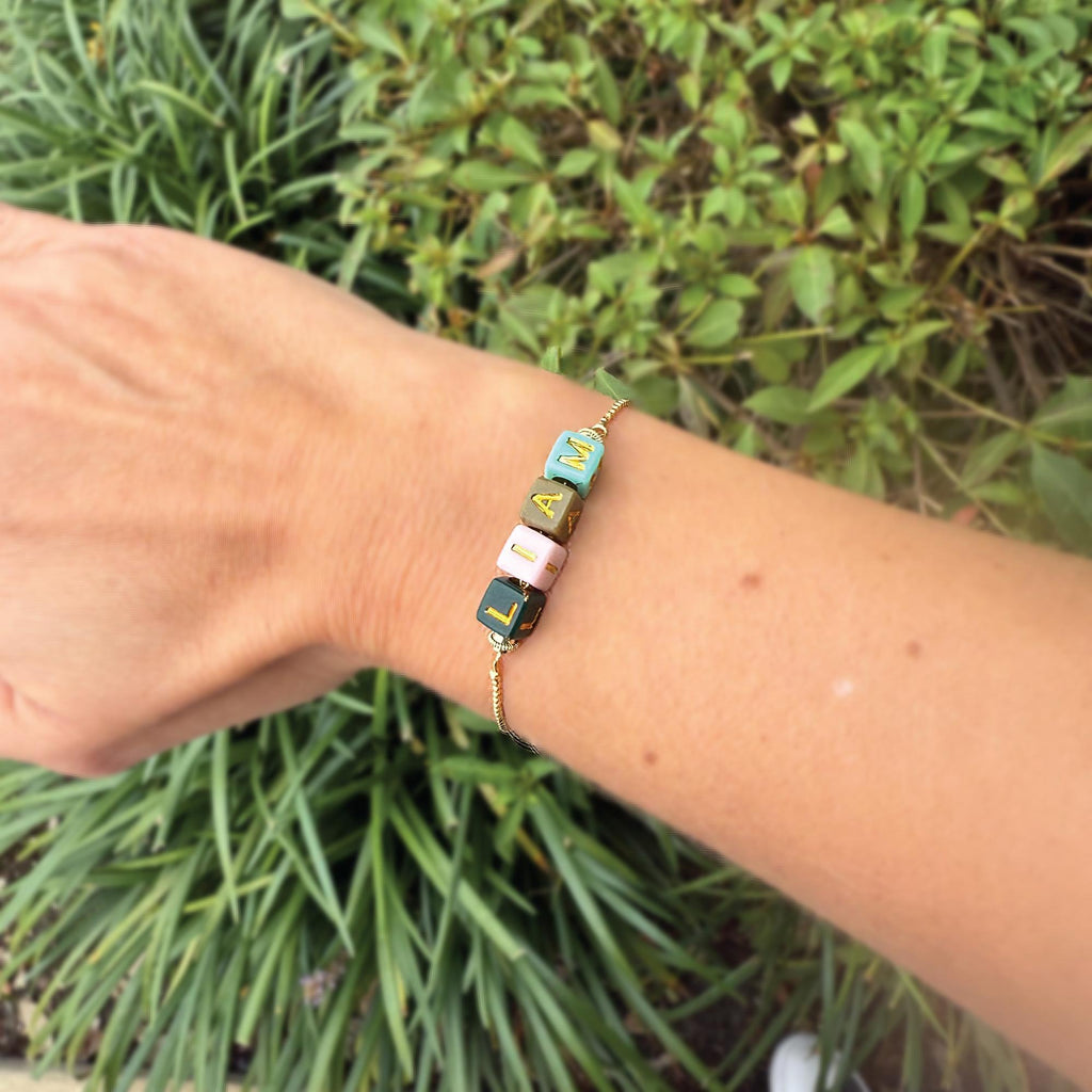 Personalized Name Bracelet: Gold Cube Beads, Adjustable Chain
