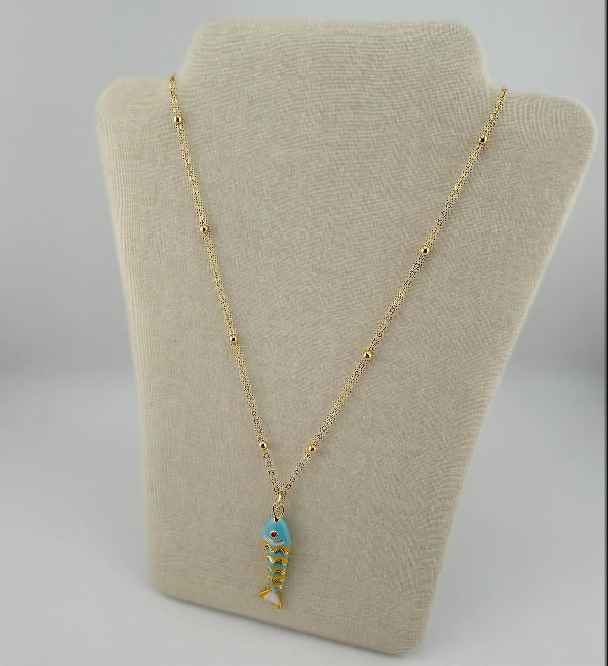 14k Gold Plated Turquoise Enamel Articulated Fish Necklace Satellite Dainty Chain Ocean Beach Boho Jewelry Unique Sea Life Gift