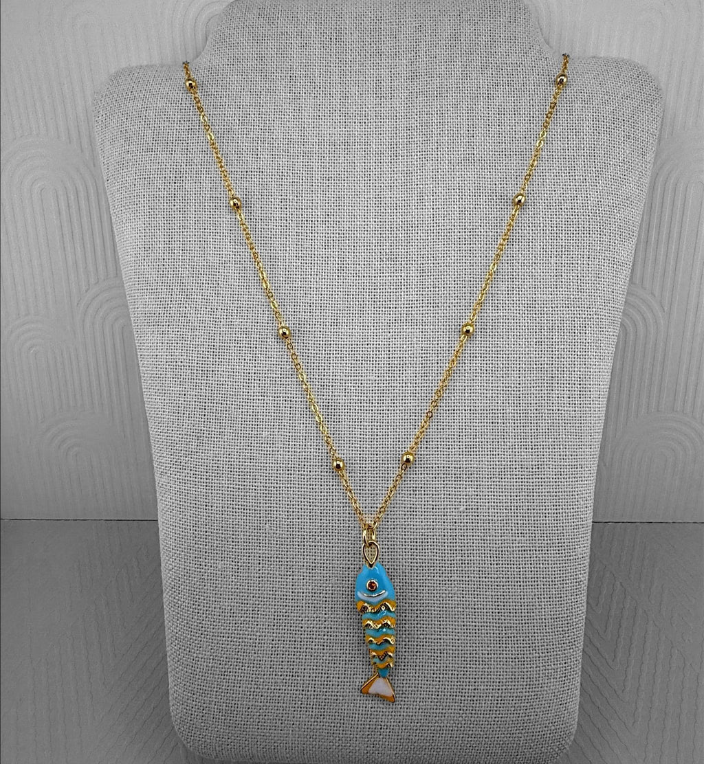 14k Gold Plated Turquoise Enamel Articulated Fish Necklace Satellite Dainty Chain Ocean Beach Boho Jewelry Unique Sea Life Gift