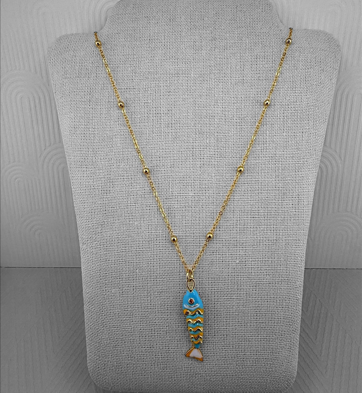 14k Gold Plated Turquoise Enamel Articulated Fish Necklace Satellite Dainty Chain Ocean Beach Boho Jewelry Unique Sea Life Gift