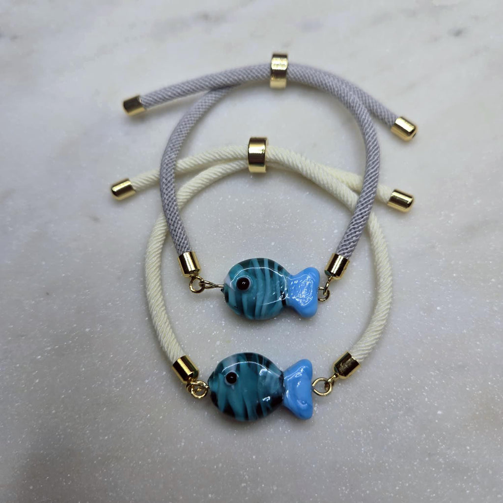 Dainty Glass Fish Evil Eye Bracelet, Adjustable Friendship Jewelry, Protection Cord Gift
