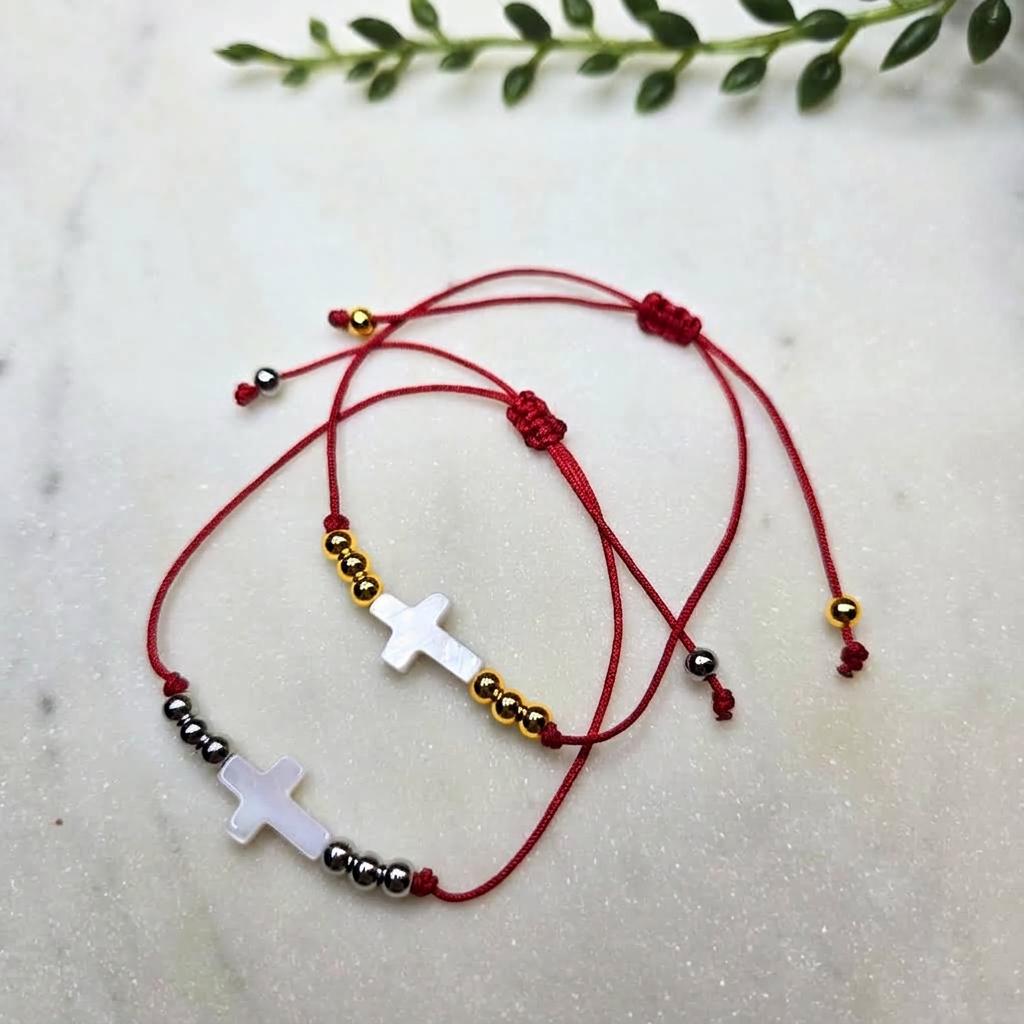 Handmade Red String Bracelet with Mother of Pearl Cross or Clover Charm (Adjustable)