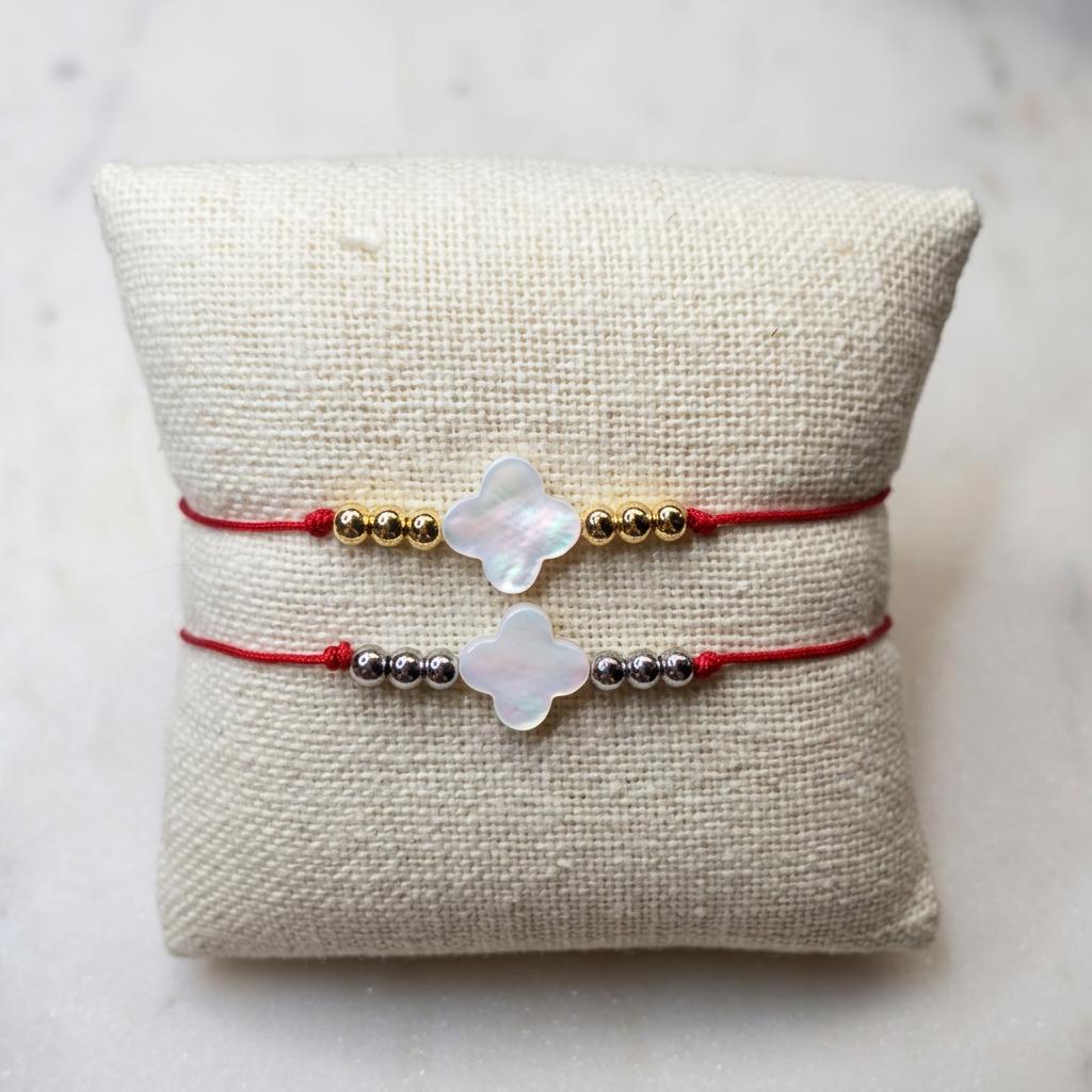 Handmade Red String Bracelet with Mother of Pearl Cross or Clover Charm (Adjustable)