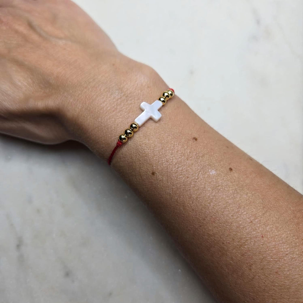 Handmade Red String Bracelet with Mother of Pearl Cross or Clover Charm (Adjustable)