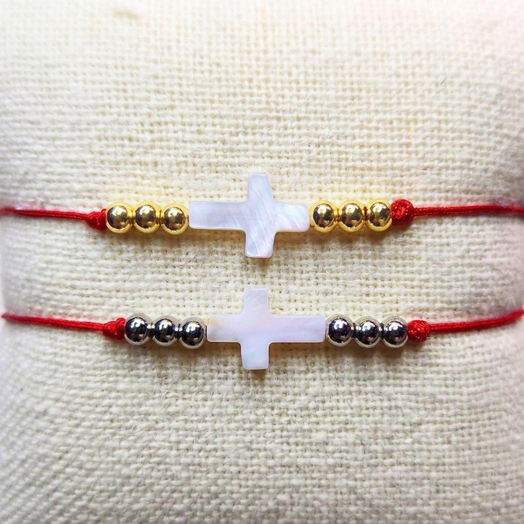 Handmade Red String Bracelet with Mother of Pearl Cross or Clover Charm (Adjustable)