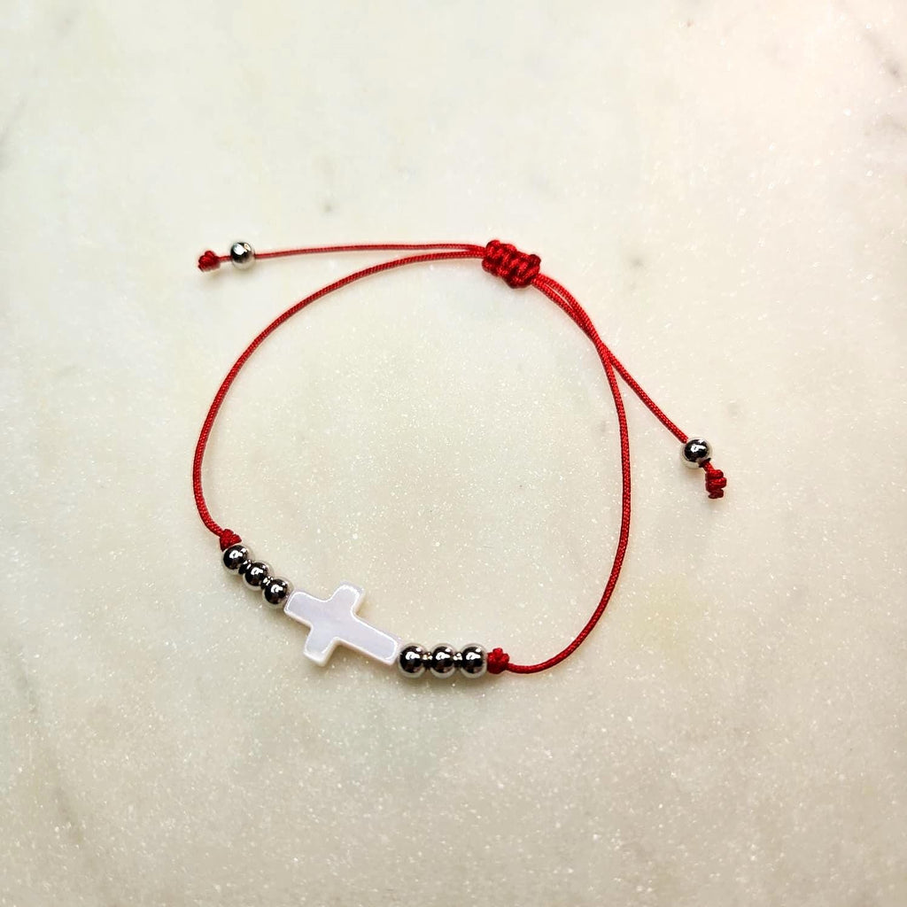 Handmade Red String Bracelet with Mother of Pearl Cross or Clover Charm (Adjustable)