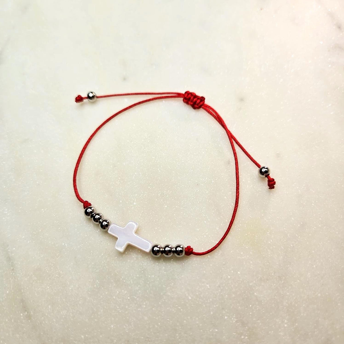 Handmade Red String Bracelet with Mother of Pearl Cross or Clover Charm (Adjustable)