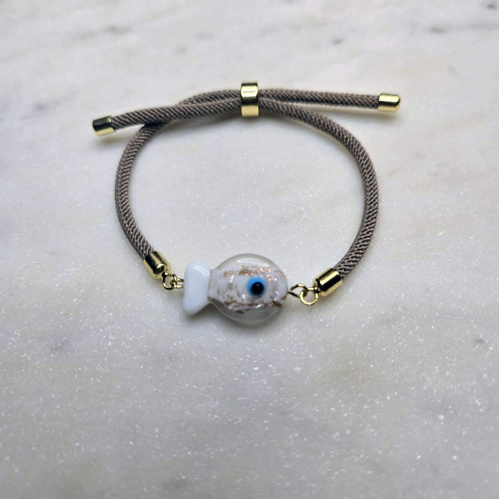 Dainty Glass Fish Evil Eye Bracelet, Adjustable Friendship Jewelry, Protection Cord Gift