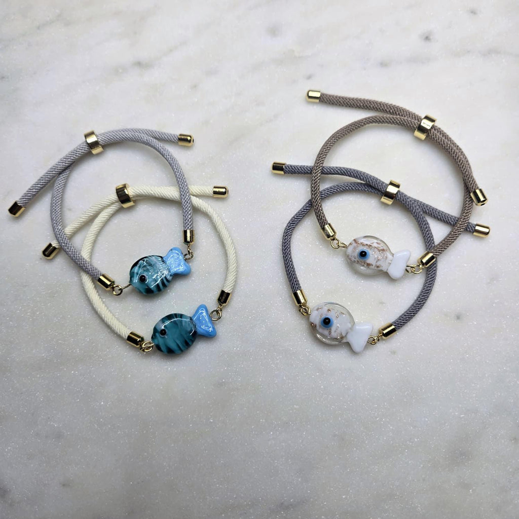 Dainty Glass Fish Evil Eye Bracelet, Adjustable Friendship Jewelry, Protection Cord Gift