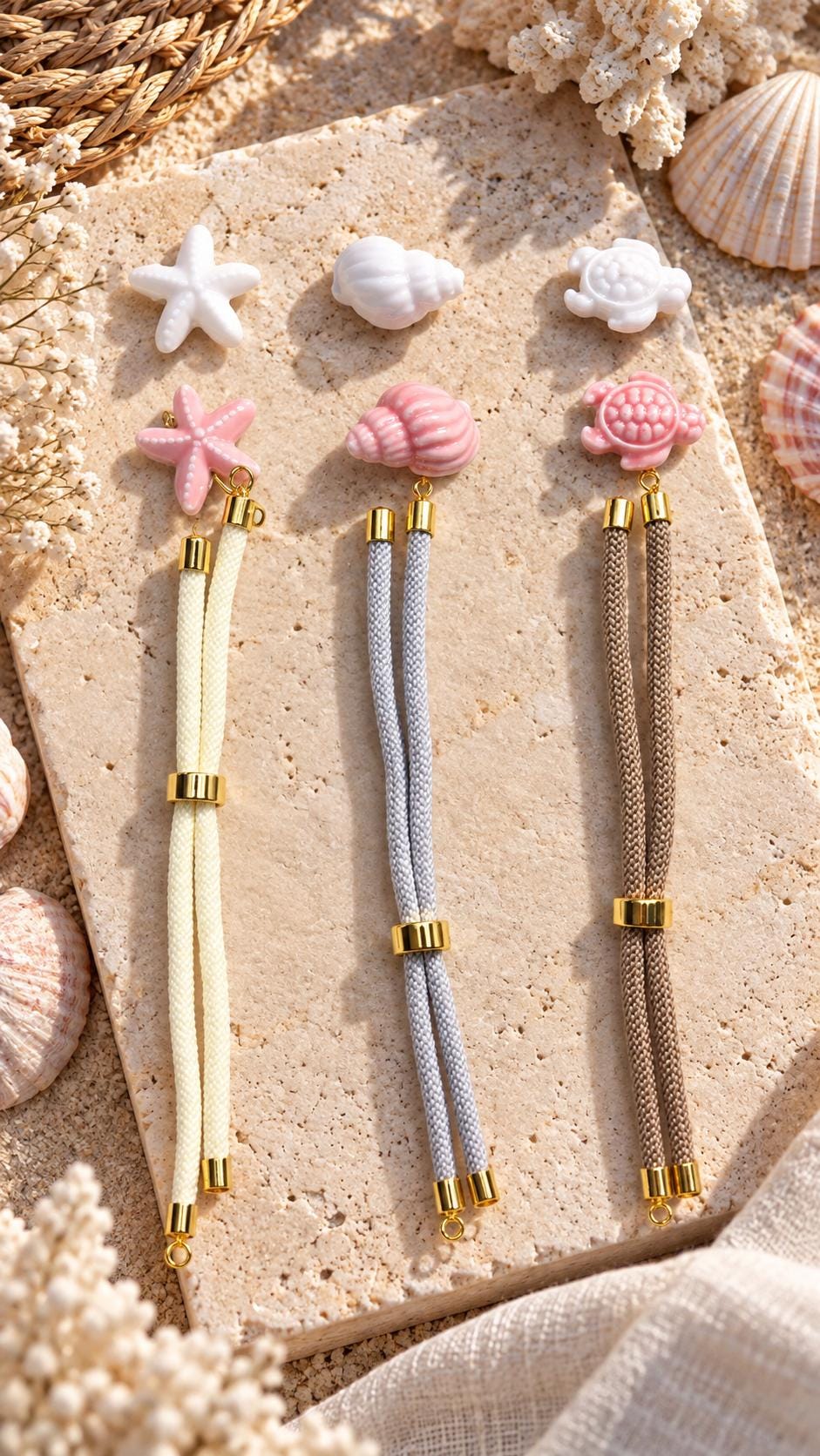 Ocean Beach Cord Bracelet, Cute Sea Turtle Shell Jewelry, Adjustable Summer Charm Band